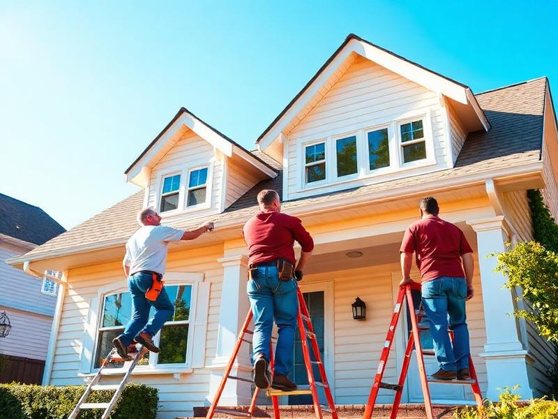 Roofing and painting crew working on a residential home